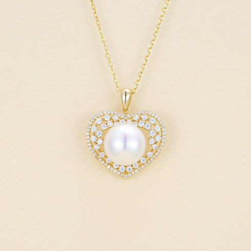 Radiant Zirconia Heart Pearl Pendant Necklace – Gold Vermeil